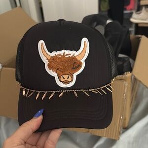 Black Trucker Hat with Bull Patch and Gold Chain